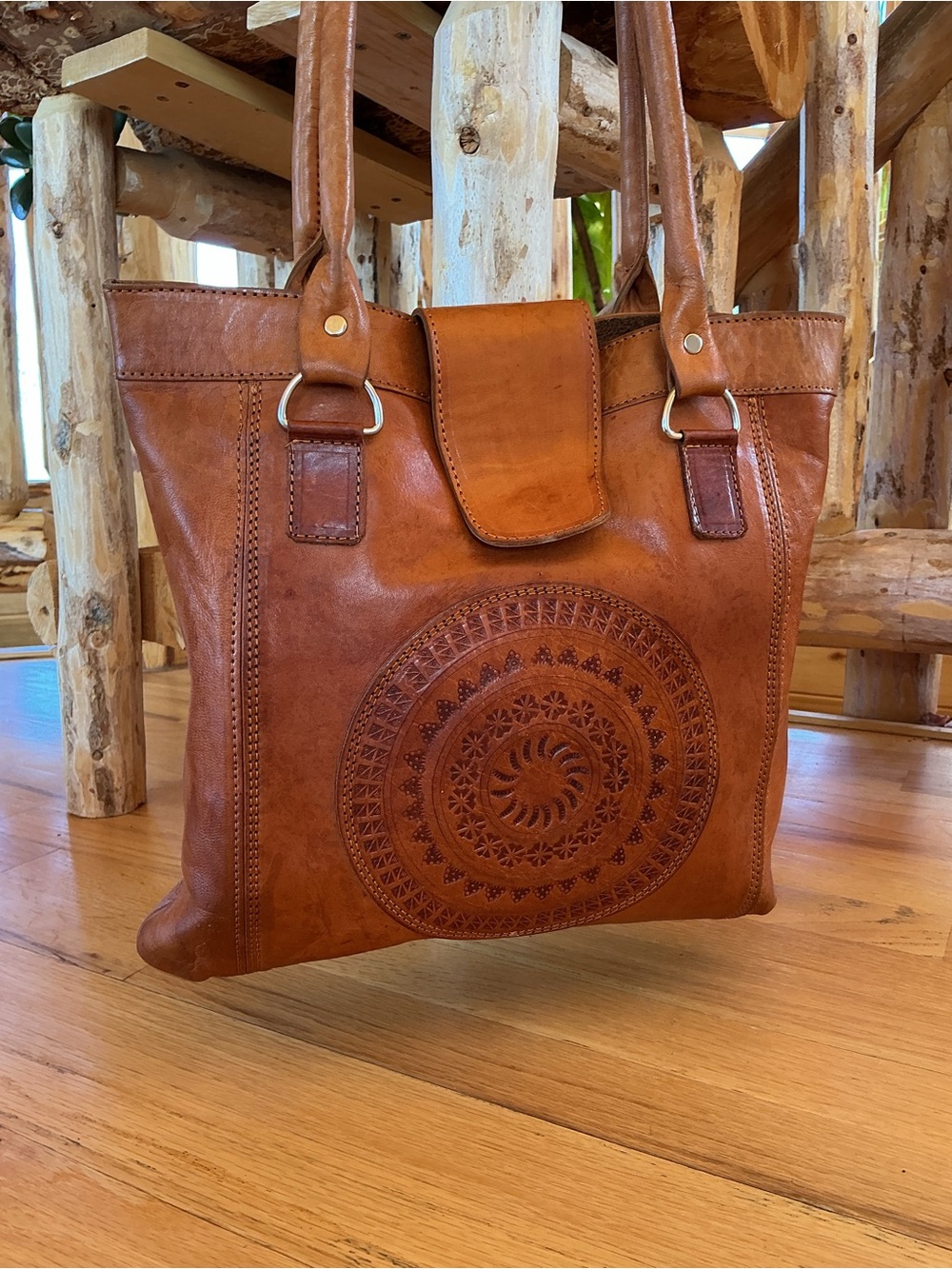 Vintage Cognac Leather Embossed Boho Tote Bag EUC - Picture 11 of 16